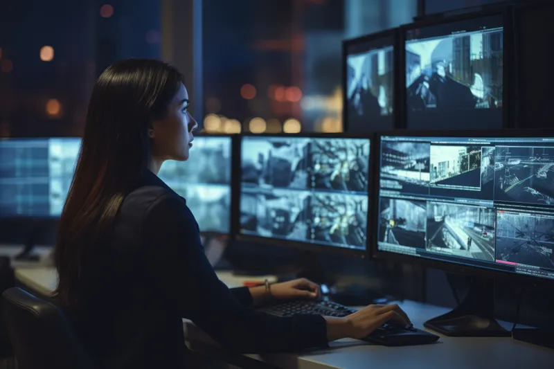 Security control room operator monitoring surveillance feeds
